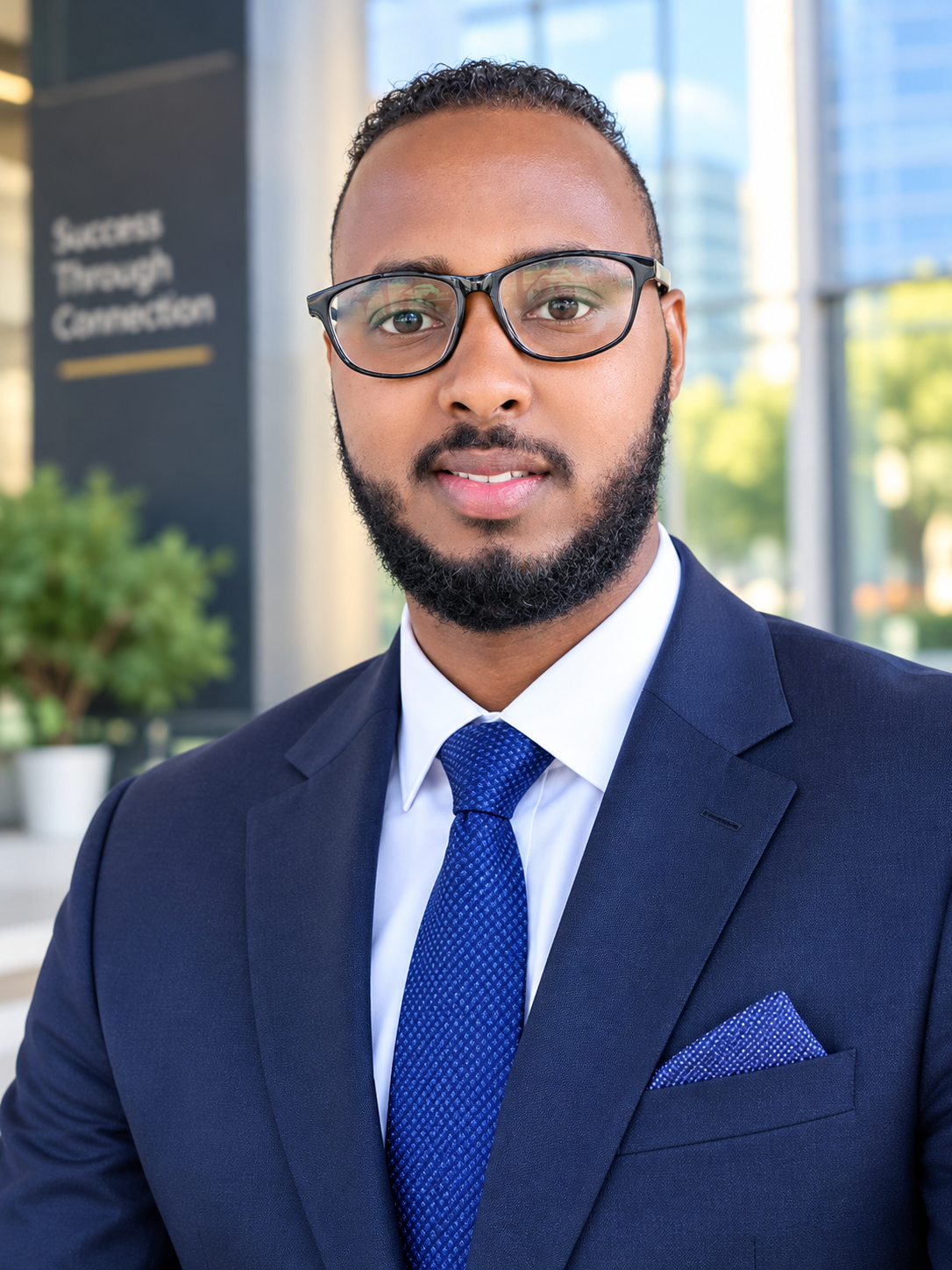 Navy suit with a blue tie and matching pocket square